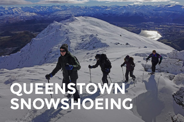 queenstown-snowshoeing Queenstown snowshoeing trips in the Remarkables Mountains, great views of Queenstown area